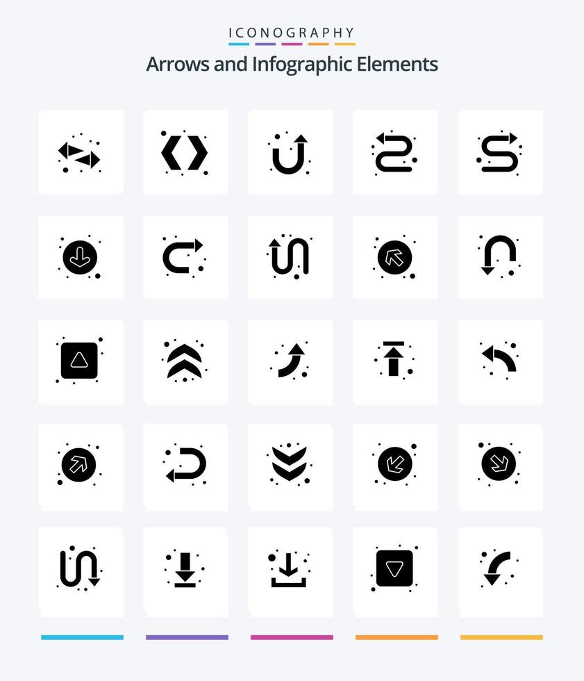 paquete de iconos de flecha creativa de 25 glifos en negro sólido, como la derecha. signo. direccional. flecha. círculo vector