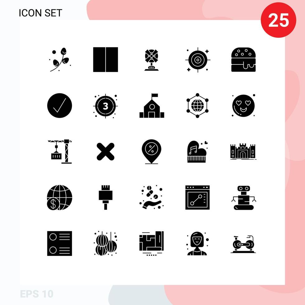 User Interface Pack of 25 Basic Solid Glyphs of media player success home food target Editable Vector Design Elements