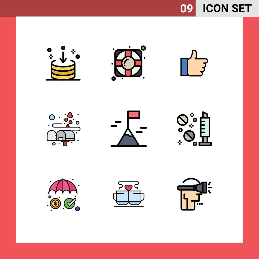 9 Thematic Vector Filledline Flat Colors and Editable Symbols of mountain mail hand love box Editable Vector Design Elements