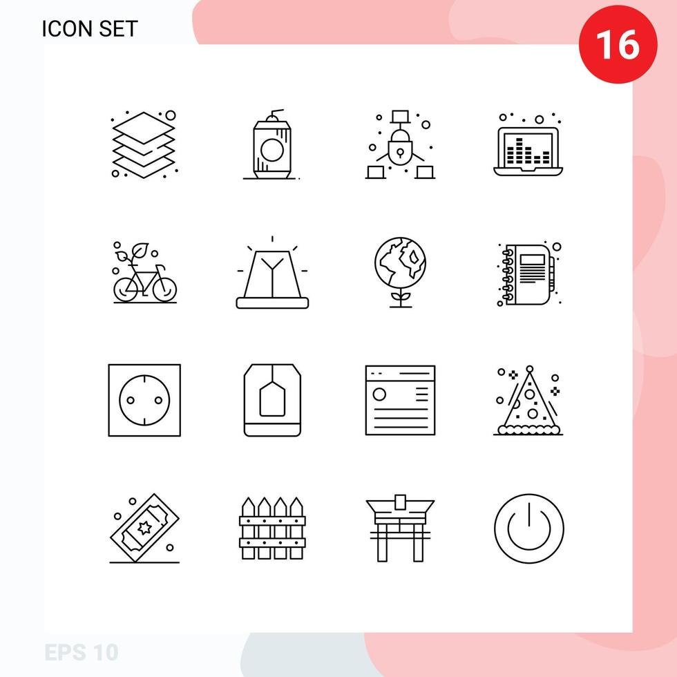 Pictogram Set of 16 Simple Outlines of eco sound waves communication sound frequency laptop Editable Vector Design Elements