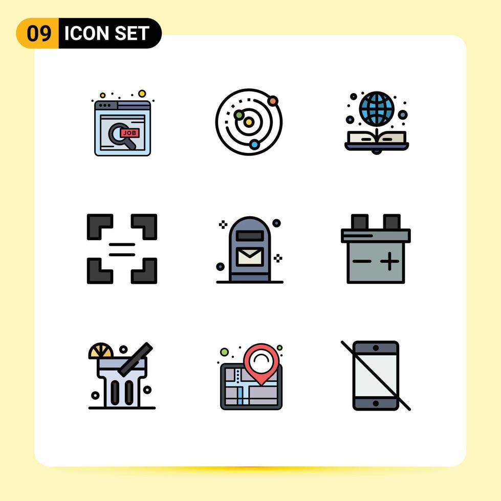 Mobile Interface Filledline Flat Color Set of 9 Pictograms of letter equal sphere arrow online book Editable Vector Design Elements