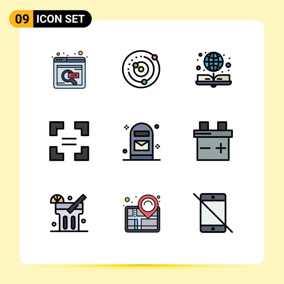 interfaz móvil línea de relleno conjunto de colores planos de 9 pictogramas de letra igual esfera flecha libro en línea elementos de diseño vectorial editables vector
