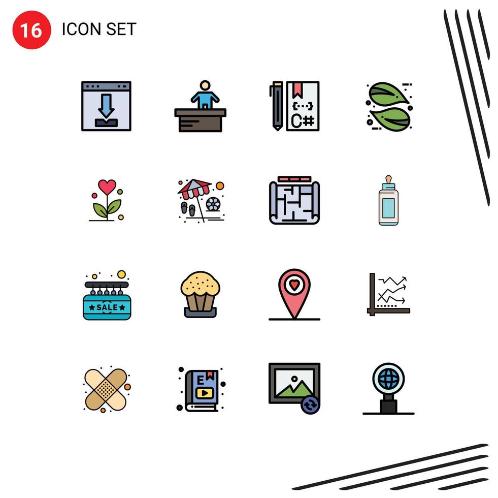 16 Universal Flat Color Filled Lines Set for Web and Mobile Applications plant leaf worker eco develop Editable Creative Vector Design Elements