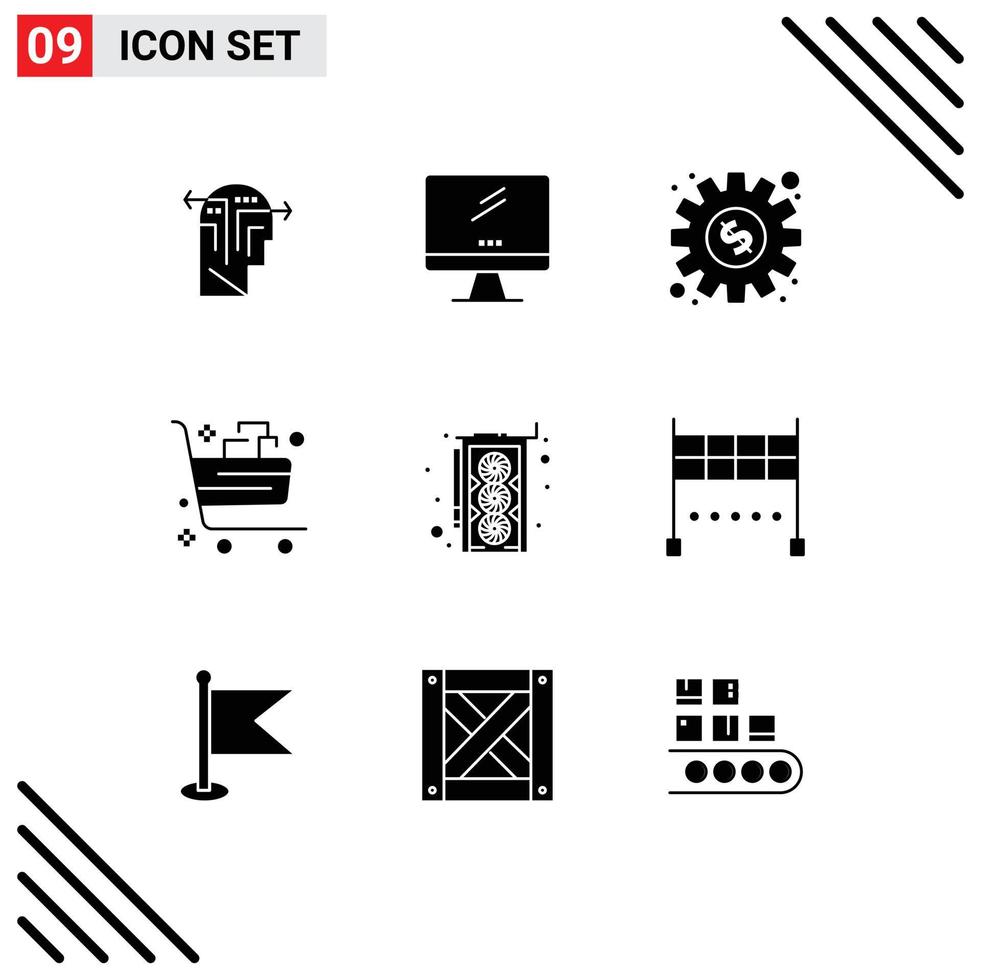 9 Thematic Vector Solid Glyphs and Editable Symbols of gift cart pc buy work Editable Vector Design Elements