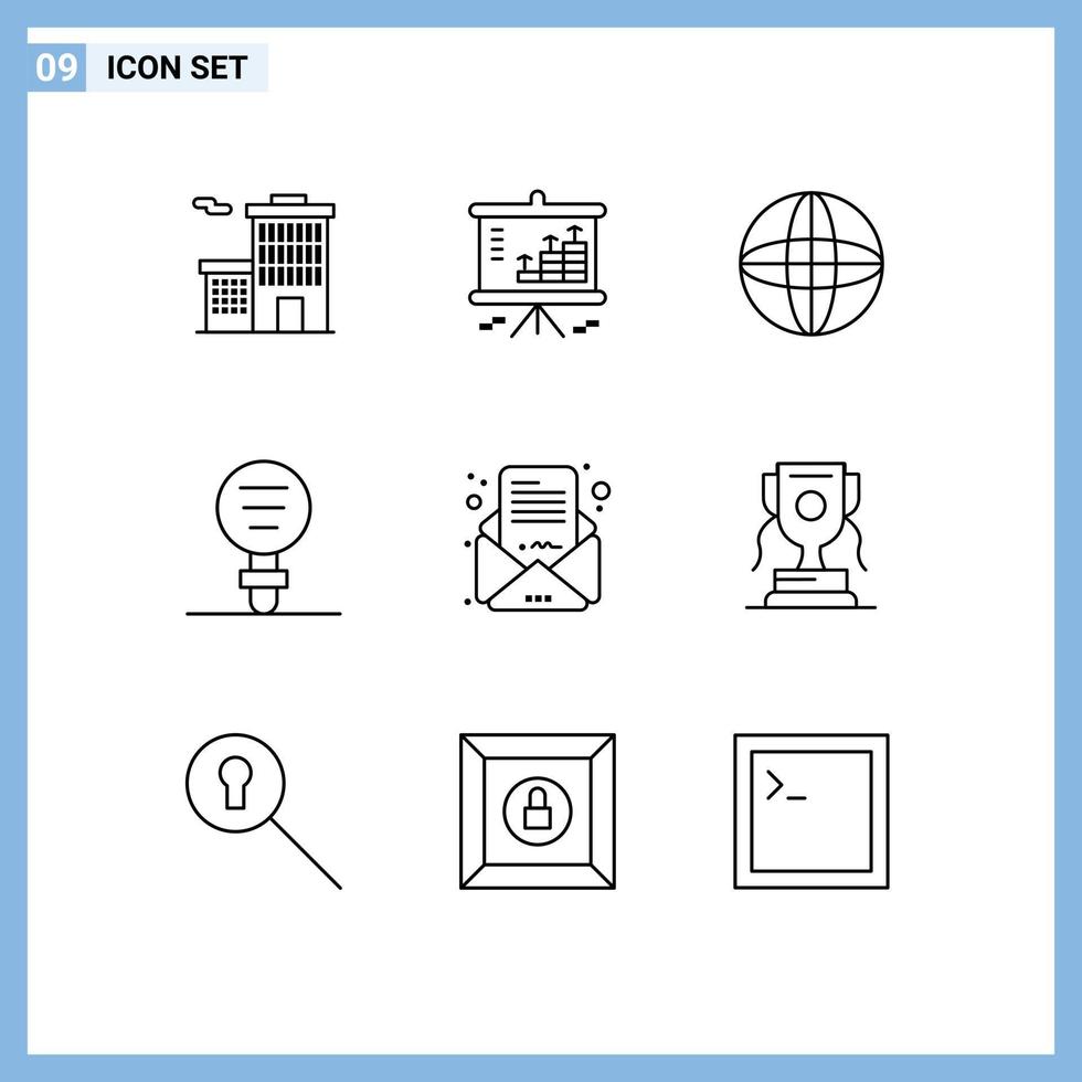 Group of 9 Outlines Signs and Symbols for email research globe laboratory chemistry Editable Vector Design Elements