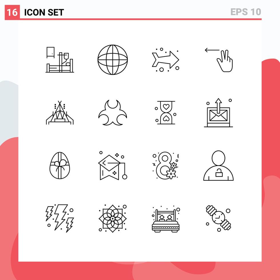 Group of 16 Outlines Signs and Symbols for camping camp globe left fingers Editable Vector Design Elements