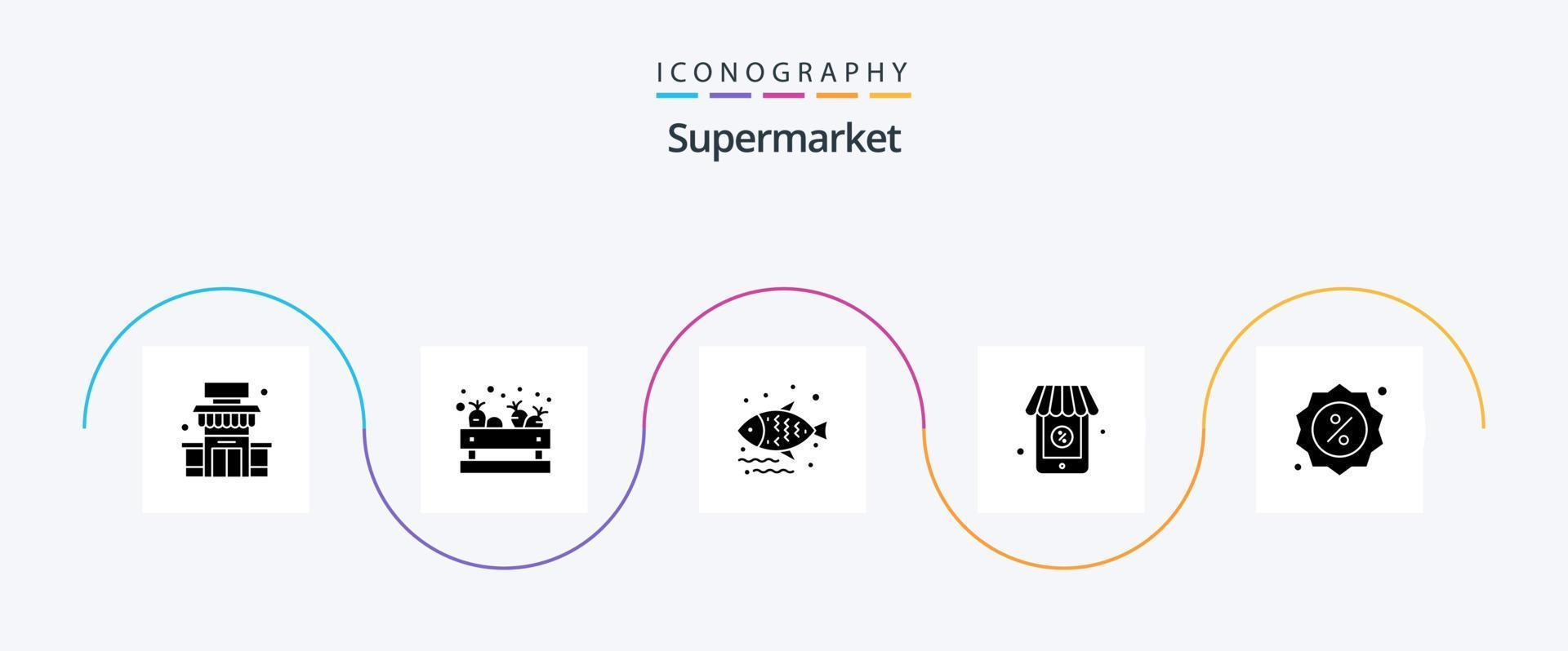 Supermarket Glyph 5 Icon Pack Including market. badge. fish. supermarket. online vector