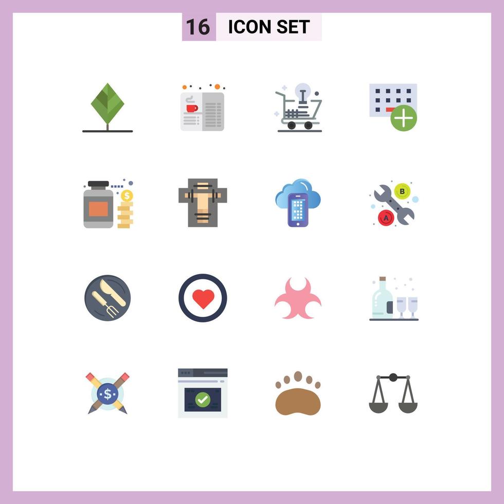 Flat Color Pack of 16 Universal Symbols of gadget computers food add idea Editable Pack of Creative Vector Design Elements