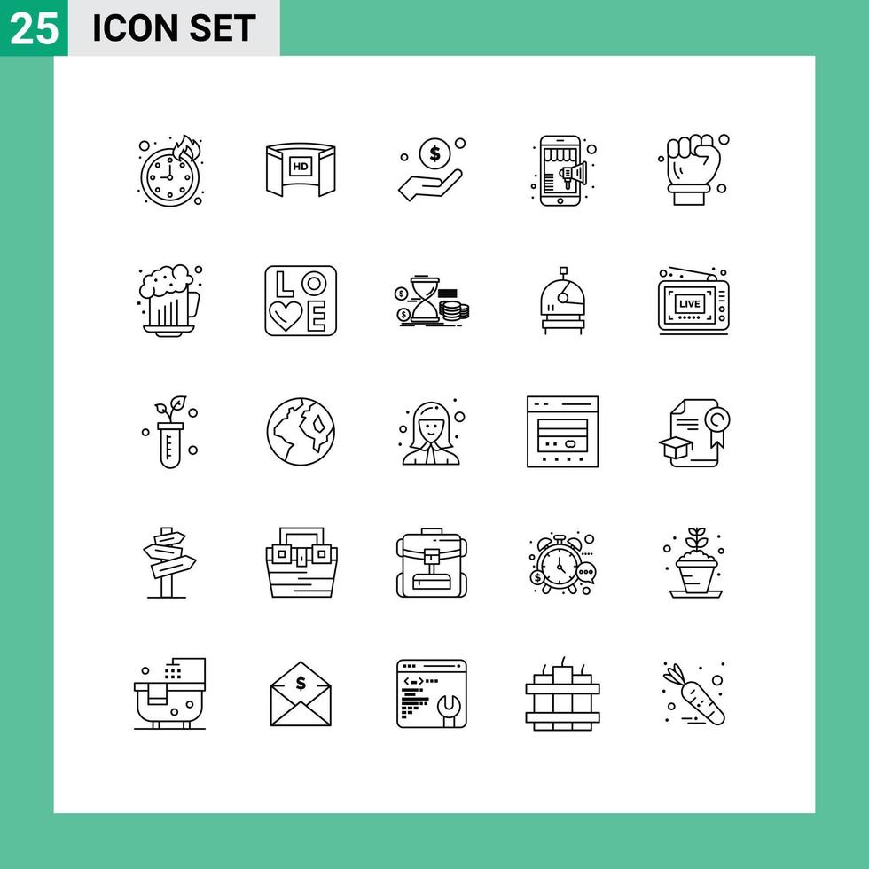 25 Thematic Vector Lines and Editable Symbols of labour hand shopping dollar shop help Editable Vector Design Elements