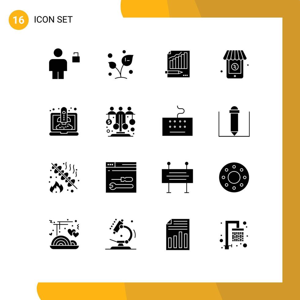 Set of 16 Vector Solid Glyphs on Grid for online graph sprout chart analytics Editable Vector Design Elements