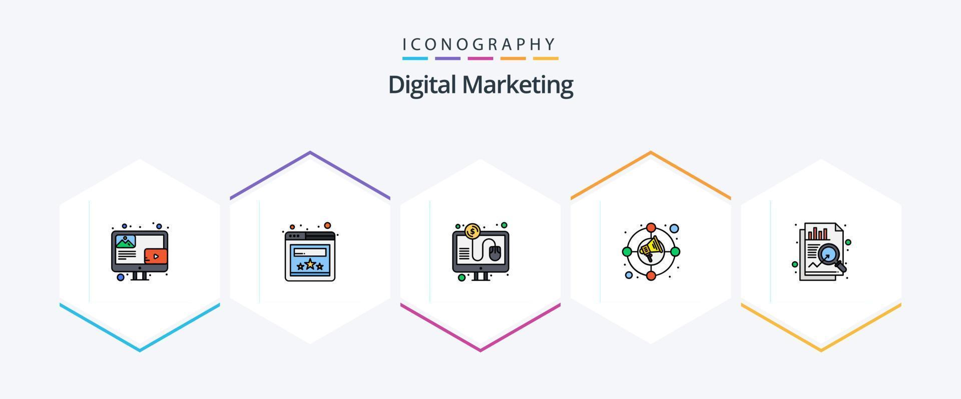Digital Marketing 25 FilledLine icon pack including data. analysis. pay. marketing. increase vector