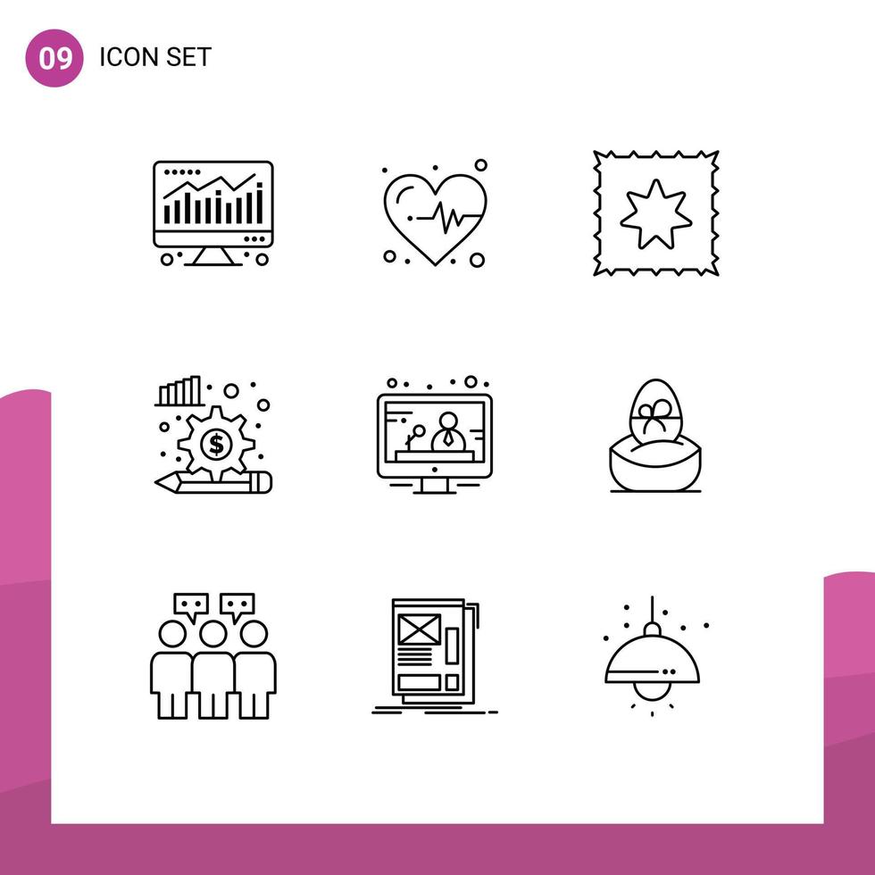 paquete de 9 signos y símbolos de contornos modernos para medios impresos web, como el proceso de análisis de regalos de pascua, comunicación de noticias, elementos de diseño de vectores editables