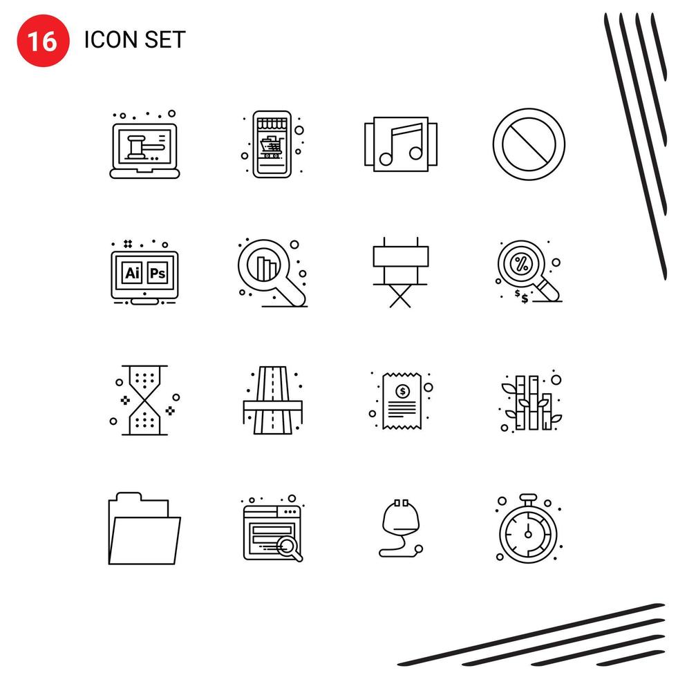 User Interface Pack of 16 Basic Outlines of ps adobe media set ban Editable Vector Design Elements