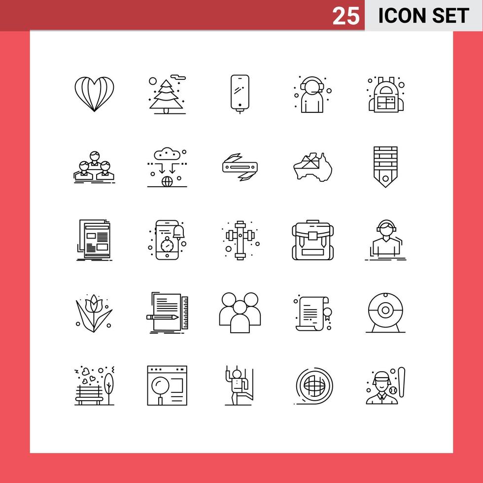 Pack of 25 Modern Lines Signs and Symbols for Web Print Media such as bag customer support smart phone customer service assistant Editable Vector Design Elements