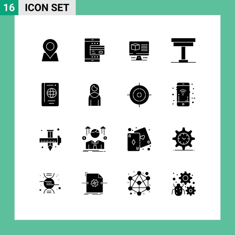 conjunto de glifos sólidos de interfaz móvil de 16 pictogramas de muebles de mesa escritorio de teléfono inteligente monitor elementos de diseño vectorial editables vector