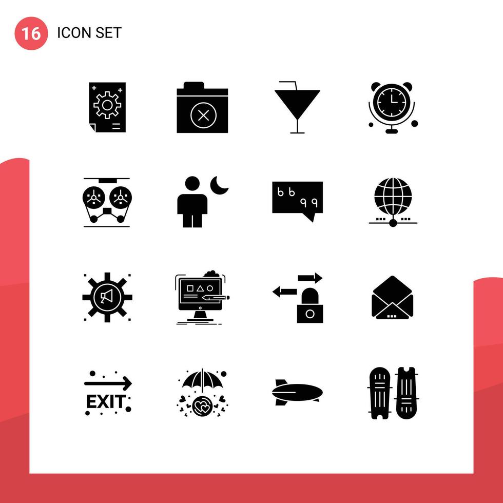 User Interface Pack of 16 Basic Solid Glyphs of player internet of things drink connections clock Editable Vector Design Elements