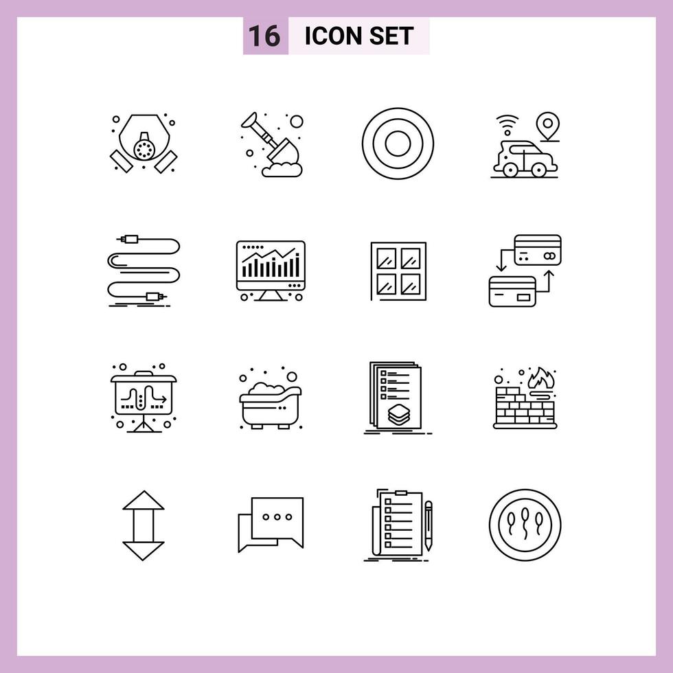 Set of 16 Modern UI Icons Symbols Signs for cable technology basic map car Editable Vector Design Elements