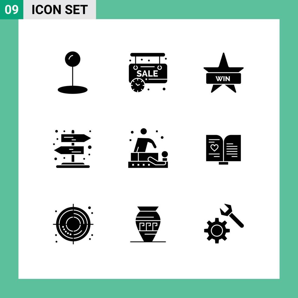 Mobile Interface Solid Glyph Set of 9 Pictograms of book spa insignia relaxation signpost Editable Vector Design Elements