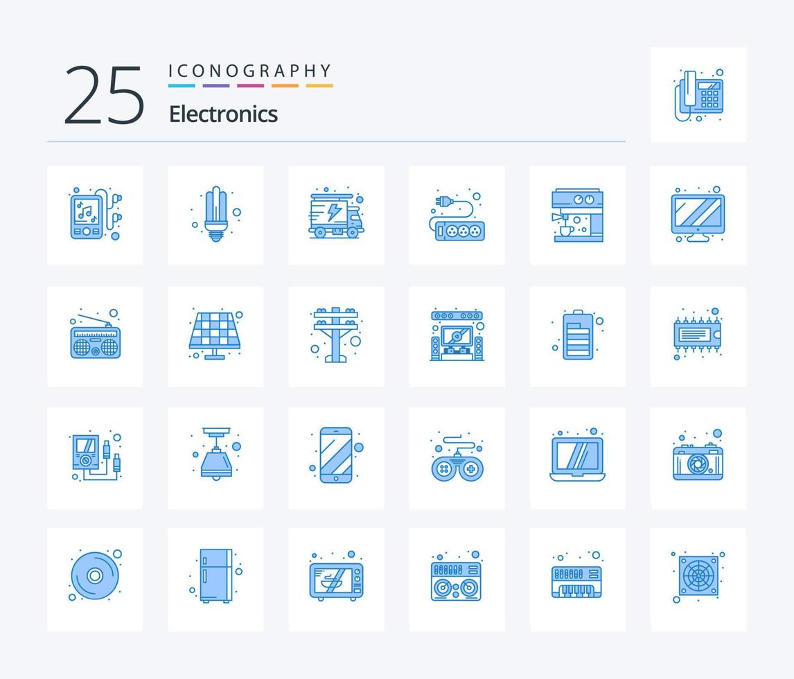 paquete de iconos de 25 colores azules de electrónica que incluye pantalla. fabricante. paquete. máquina. enchufe vector