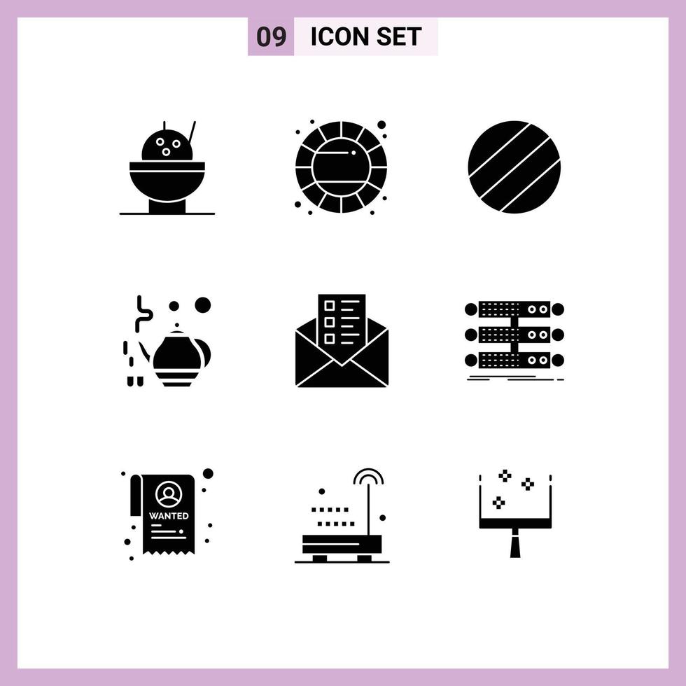 Set of 9 Commercial Solid Glyphs pack for data rack teapot structure chat Editable Vector Design Elements