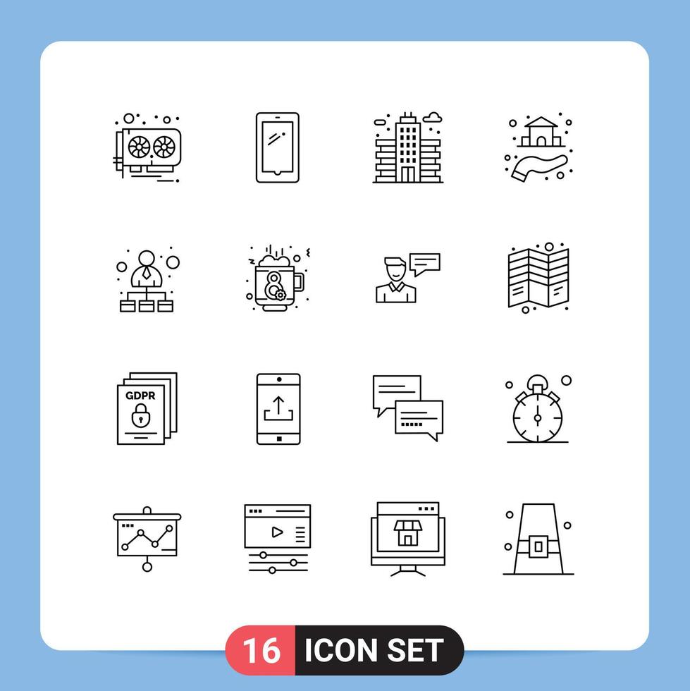 Pack of 16 Modern Outlines Signs and Symbols for Web Print Media such as hierarchical network property iphone real building Editable Vector Design Elements