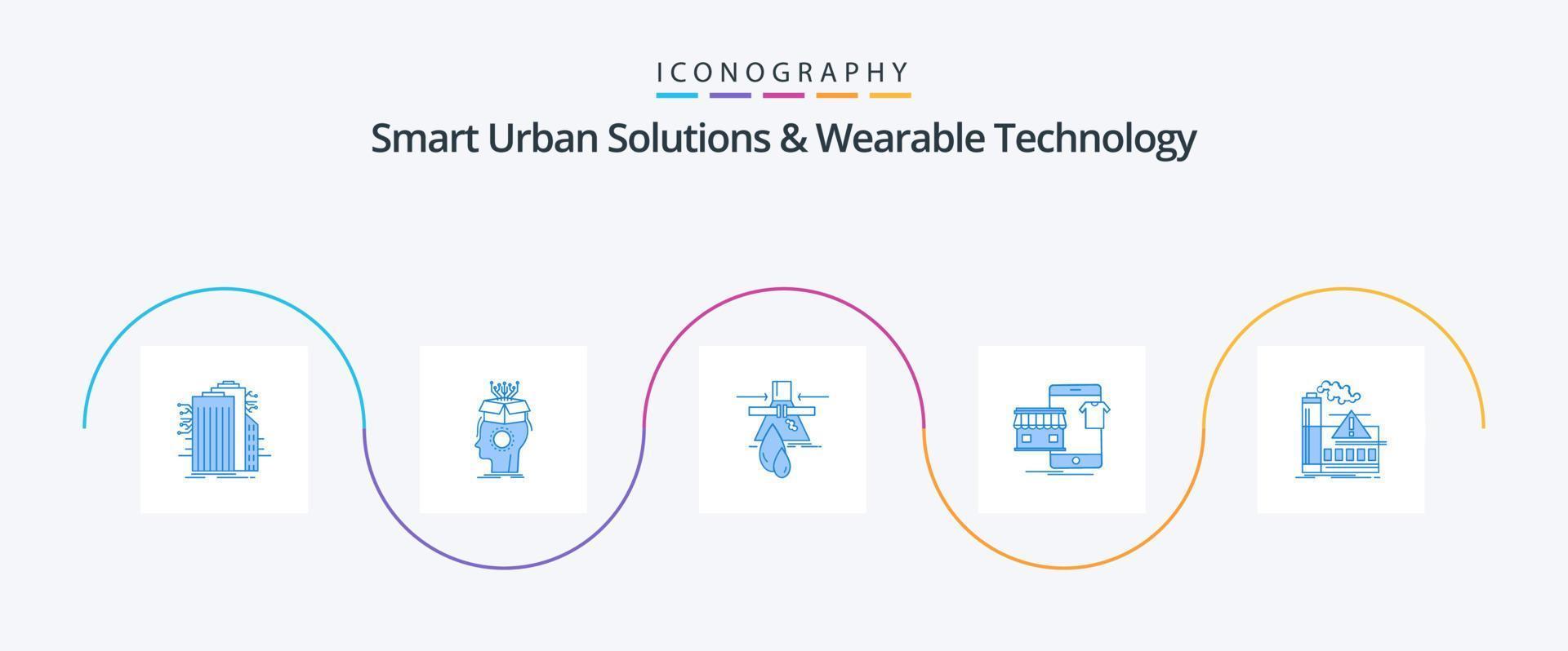 soluciones urbanas inteligentes y paquete de iconos azules de 5 tecnologías portátiles que incluye prendas. polución. digital. fábrica. filtración vector