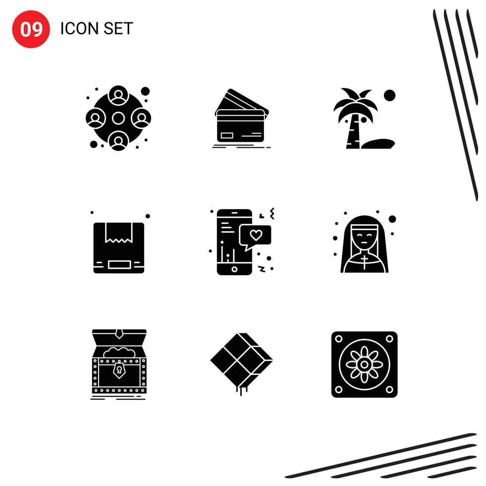 Set of 9 Vector Solid Glyphs on Grid for shipping box finance summer coconut Editable Vector Design Elements