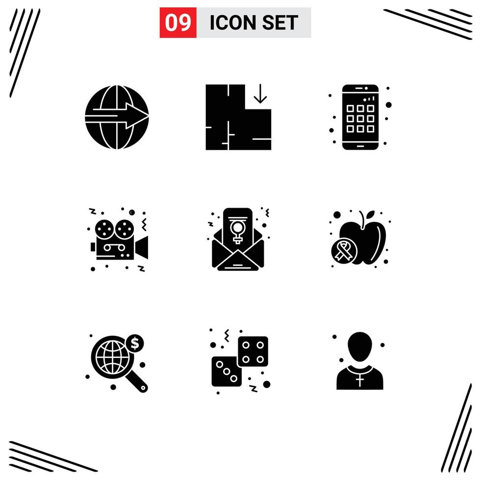 User Interface Pack of 9 Basic Solid Glyphs of women day cinema app film camera Editable Vector Design Elements