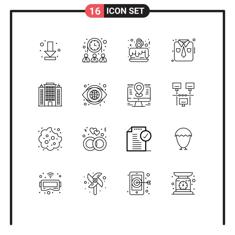 Group of 16 Modern Outlines Set for architecture work wear cake party shirt clothes Editable Vector Design Elements