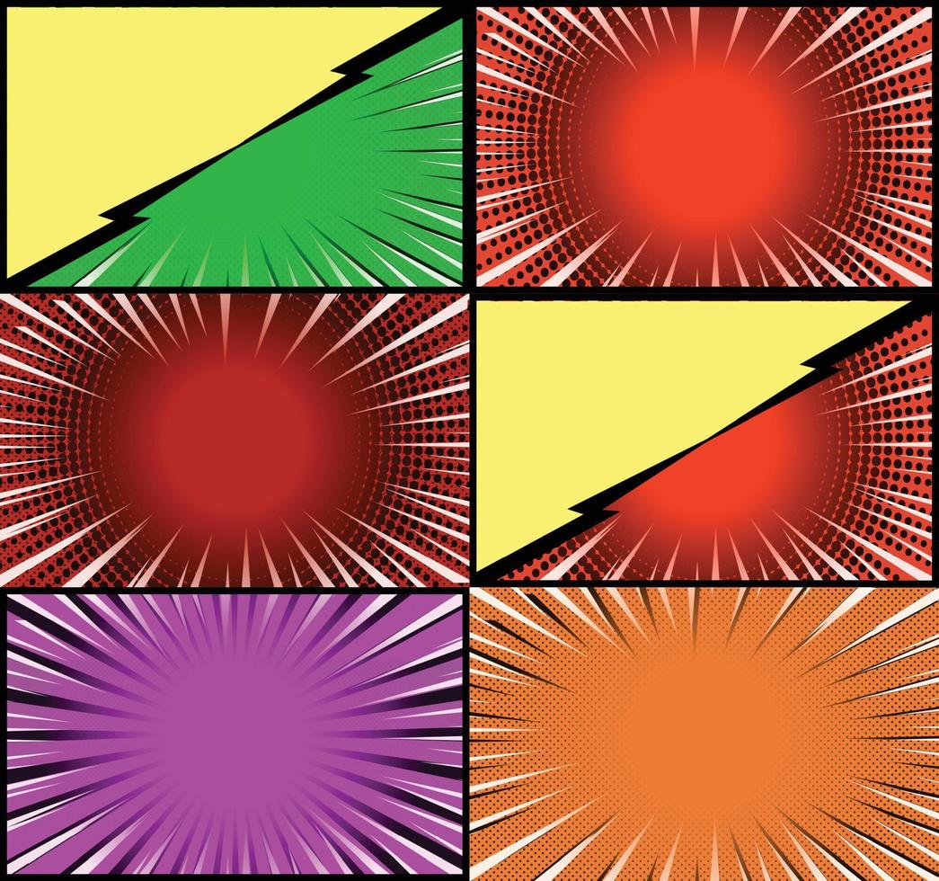 Comic book colorful frames background with halftone rays radial and dotted effects pop art style vector