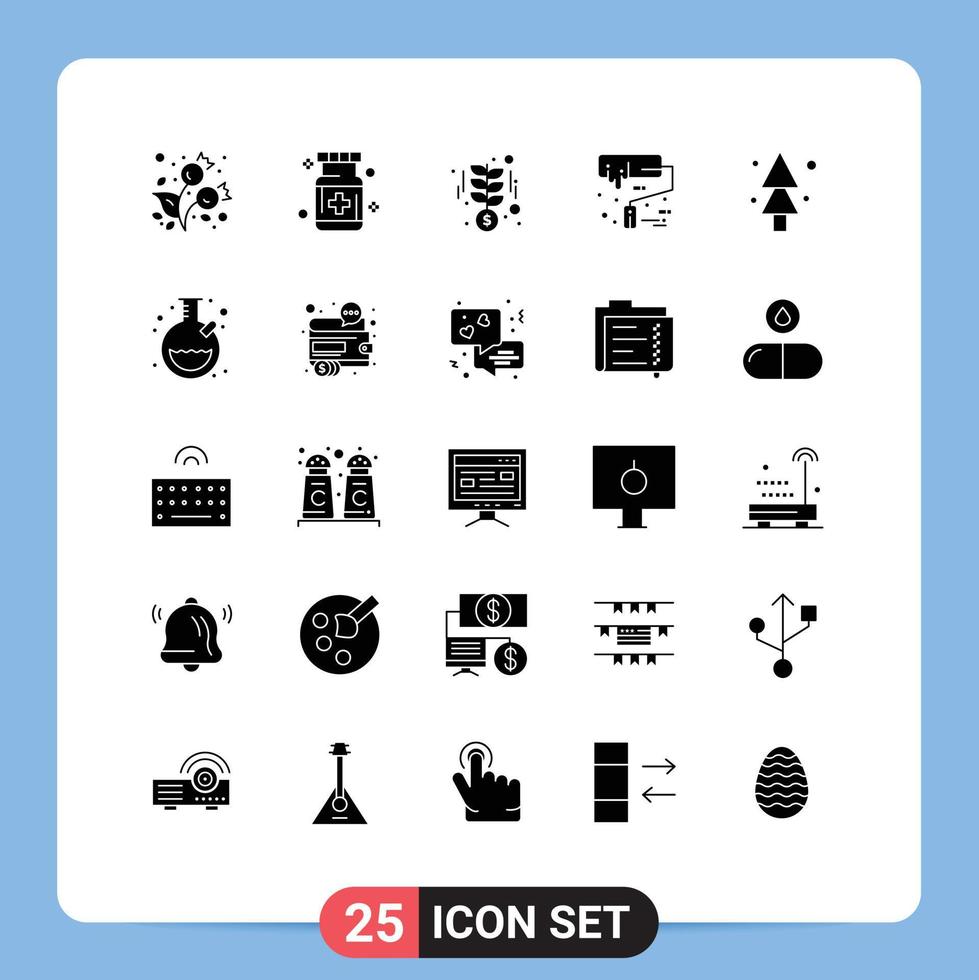 Pack of 25 creative Solid Glyphs of forest roller medicine paint roller money Editable Vector Design Elements