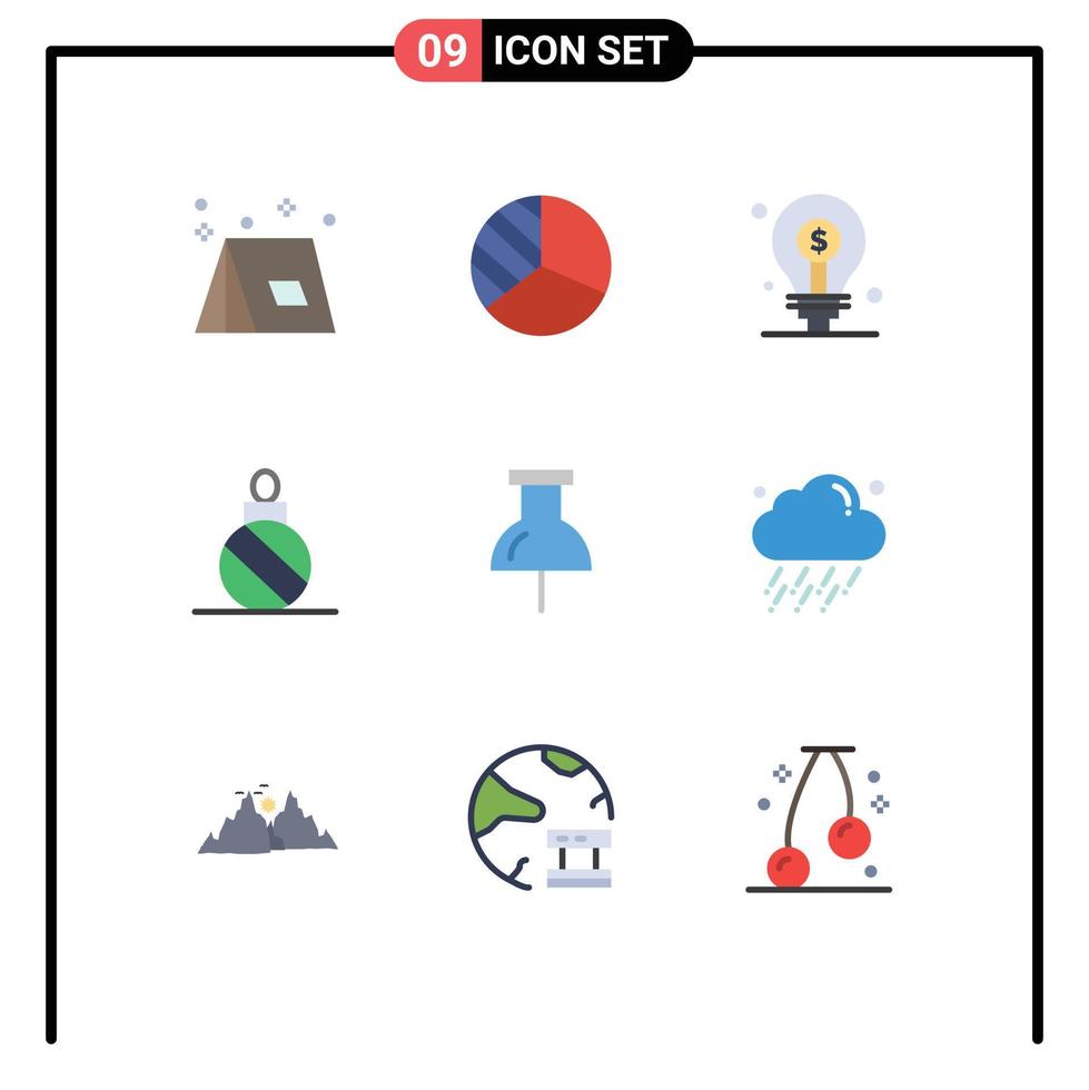 símbolos de iconos universales grupo de 9 colores planos modernos de ubicación bombilla de bola de navidad inversión de navidad elementos de diseño vectorial editables vector