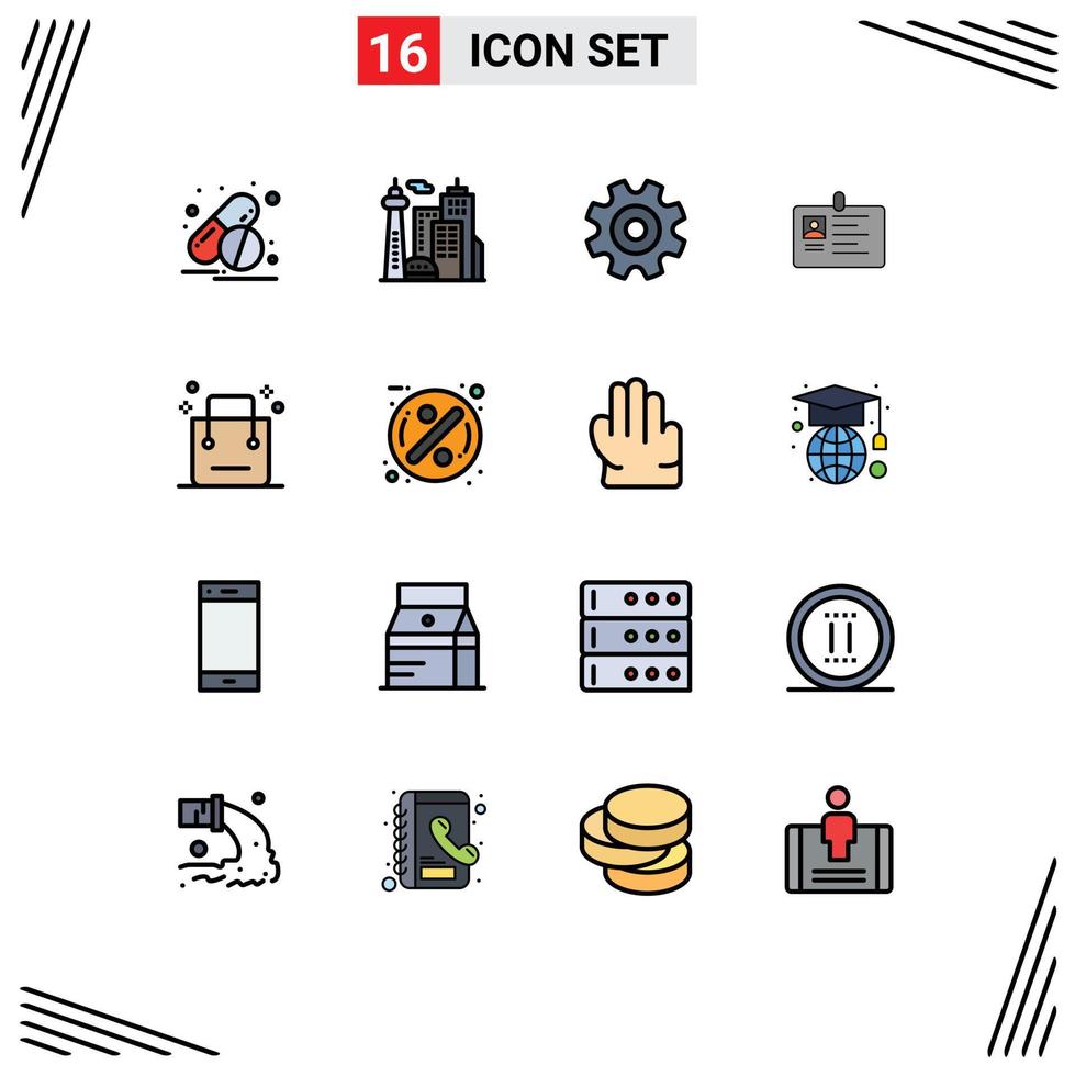 Pack of 16 Modern Flat Color Filled Lines Signs and Symbols for Web Print Media such as pass id card gear id business Editable Creative Vector Design Elements