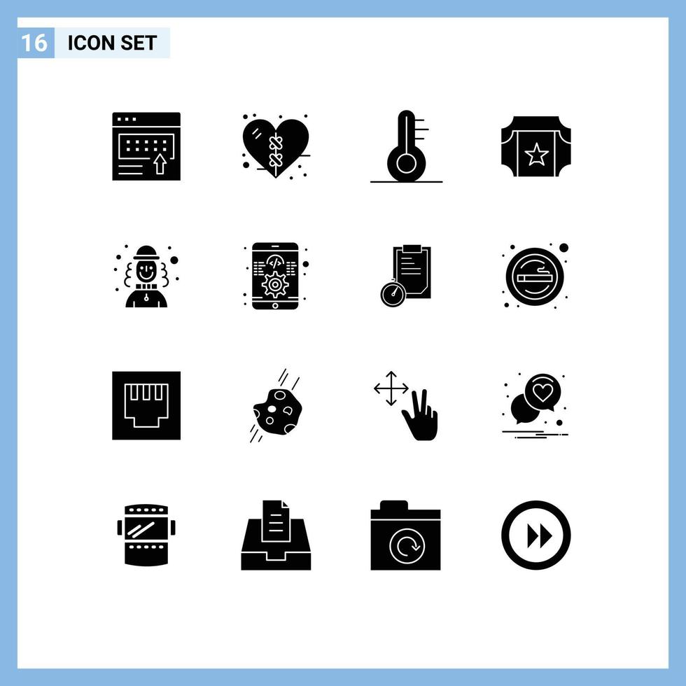Set of 16 Vector Solid Glyphs on Grid for man harlequin heart ticket cinema Editable Vector Design Elements