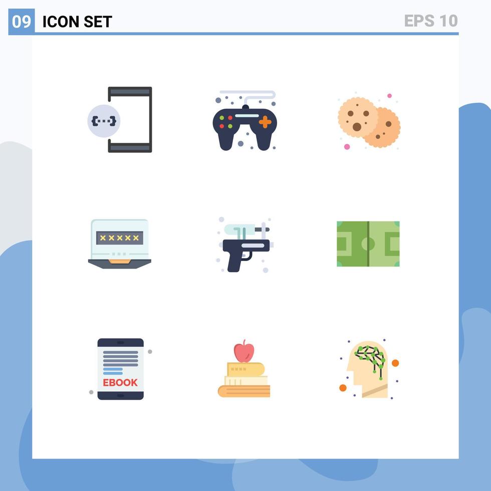 paquete de 9 signos y símbolos modernos de colores planos para medios de impresión web, como elementos de diseño de vectores editables para portátiles con pistola de agua