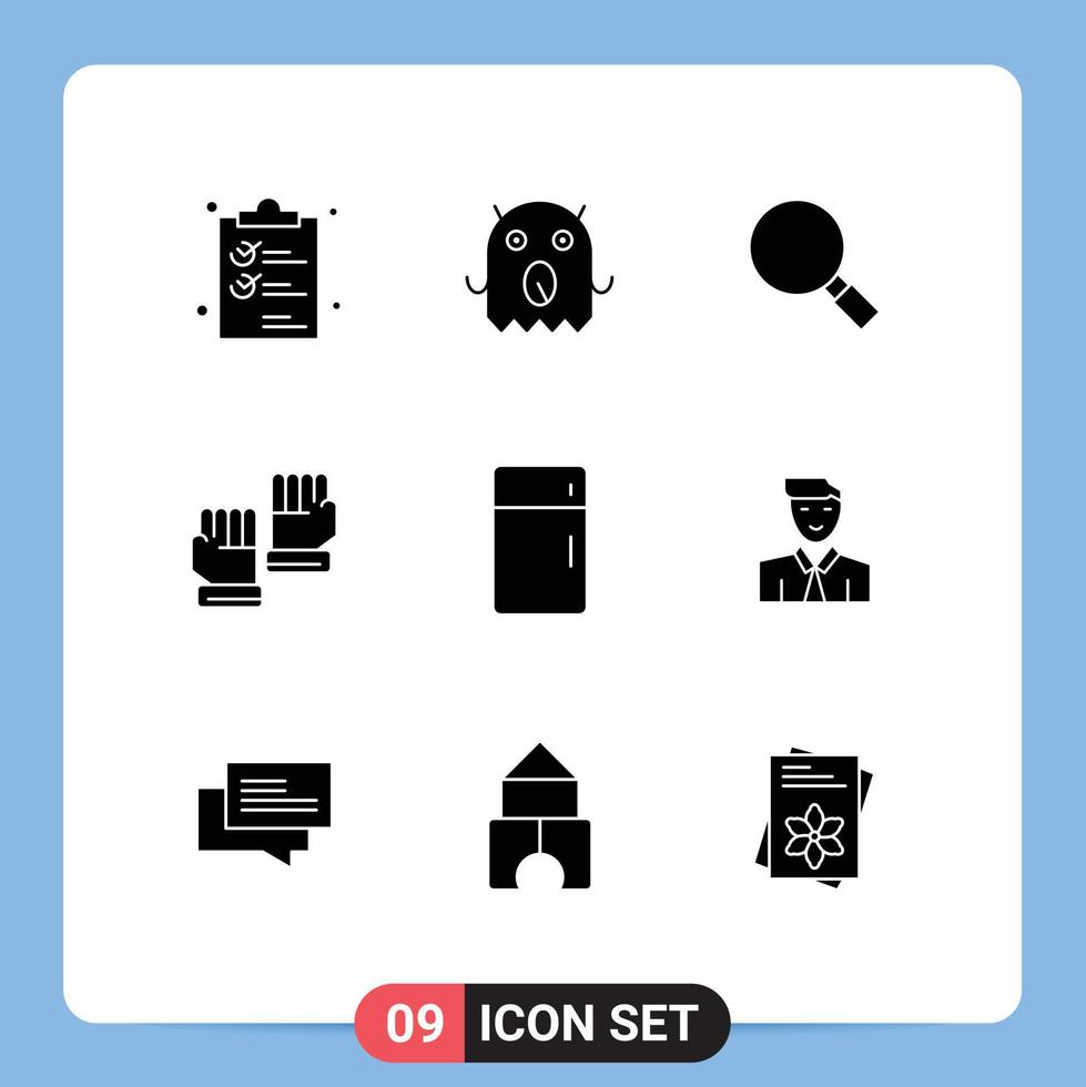 Set of 9 Vector Solid Glyphs on Grid for fridge sport glass goalkeeper glove Editable Vector Design Elements