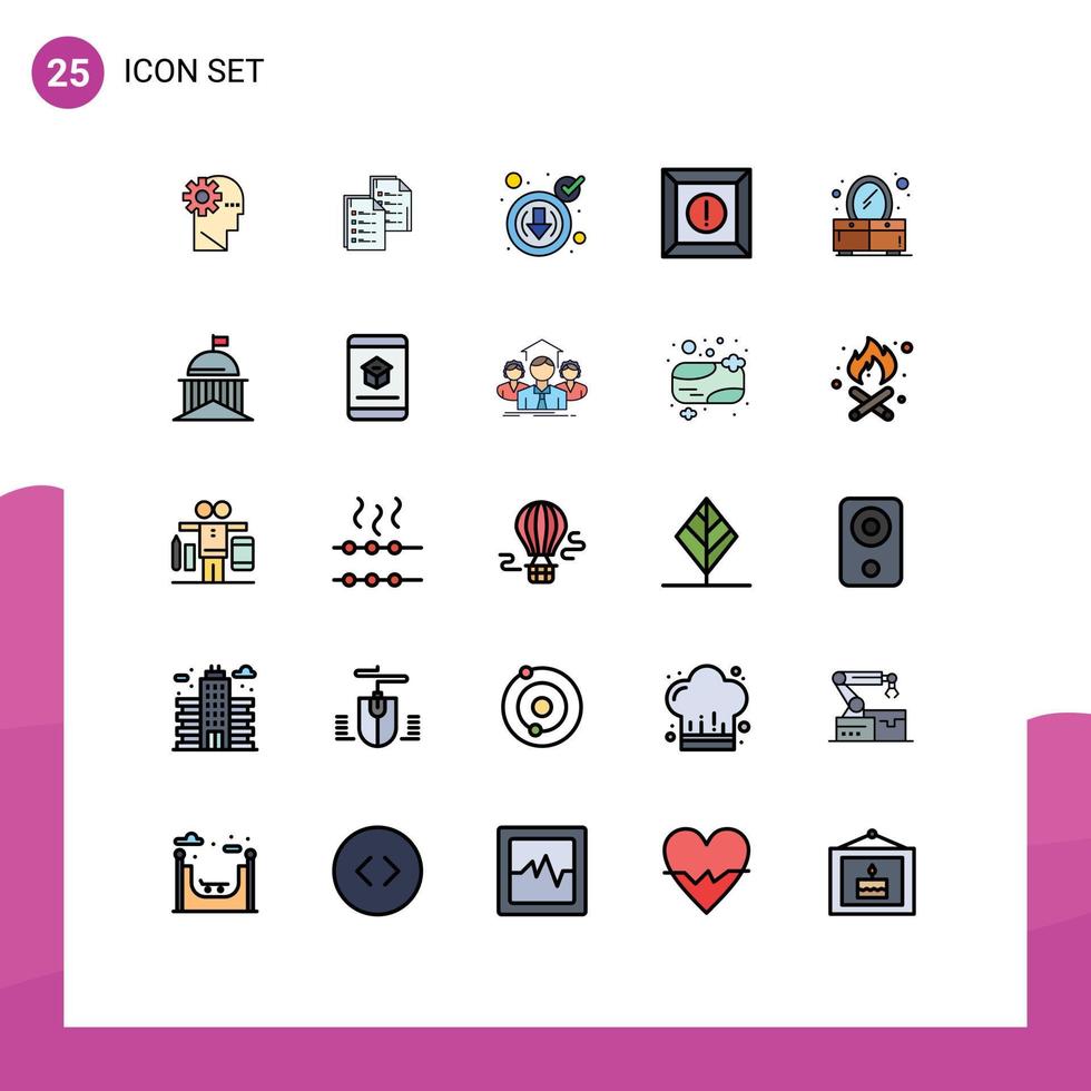 grupo de símbolos de icono universal de 25 colores planos de línea llena moderna de caja de papel de producto de dormitorio hacia abajo elementos de diseño de vector editables