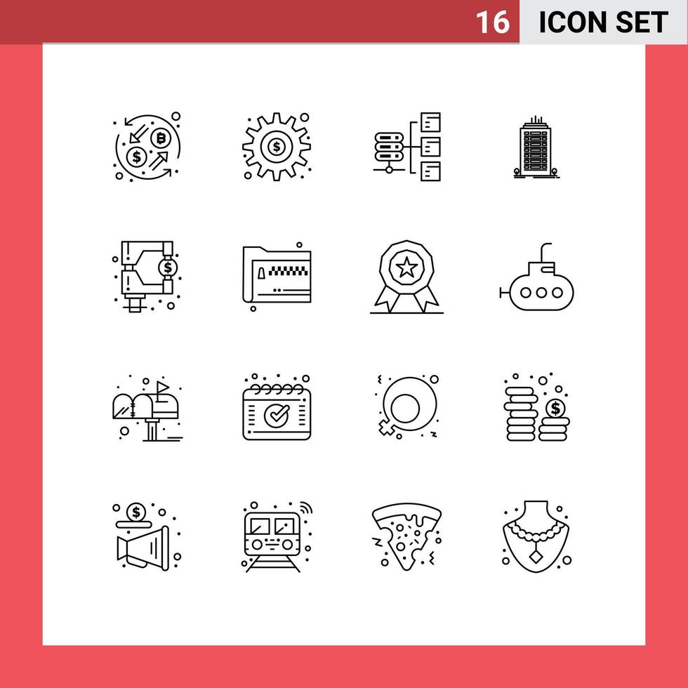 User Interface Pack of 16 Basic Outlines of funds skyscaper options office social Editable Vector Design Elements