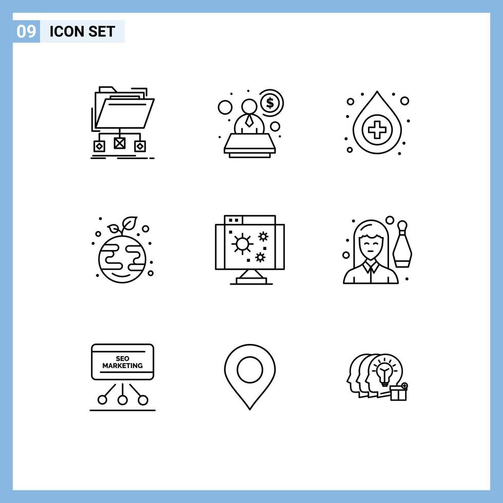 Editable Vector Line Pack of 9 Simple Outlines of internet biology antidote globe growth Editable Vector Design Elements
