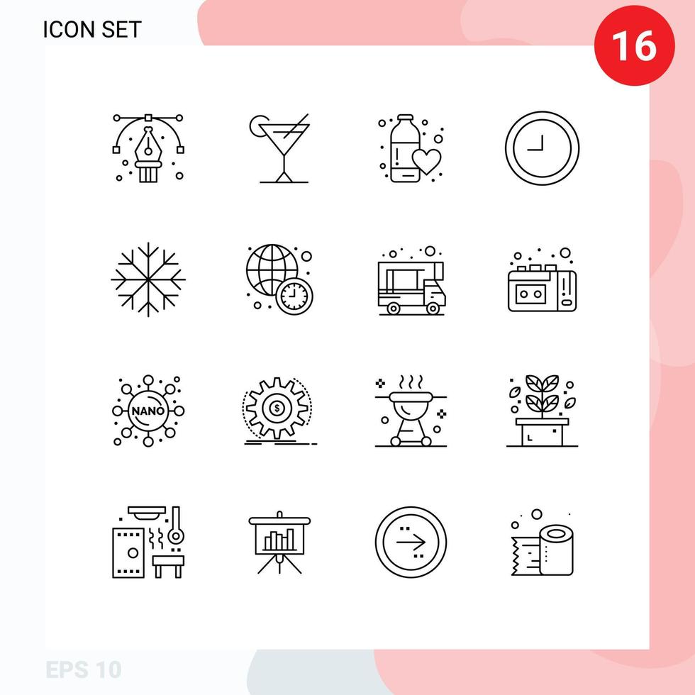 User Interface Pack of 16 Basic Outlines of clock snow fitness health frost clock Editable Vector Design Elements