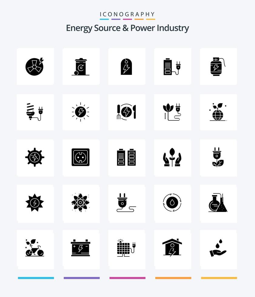 Creative Energy Source And Power Industry 25 Glyph Solid Black icon pack  Such As battery. plug. tag. power. acumulator vector