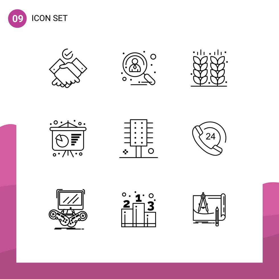 Universal Icon Symbols Group of 9 Modern Outlines of comb poster presentation agriculture conference poster grain Editable Vector Design Elements