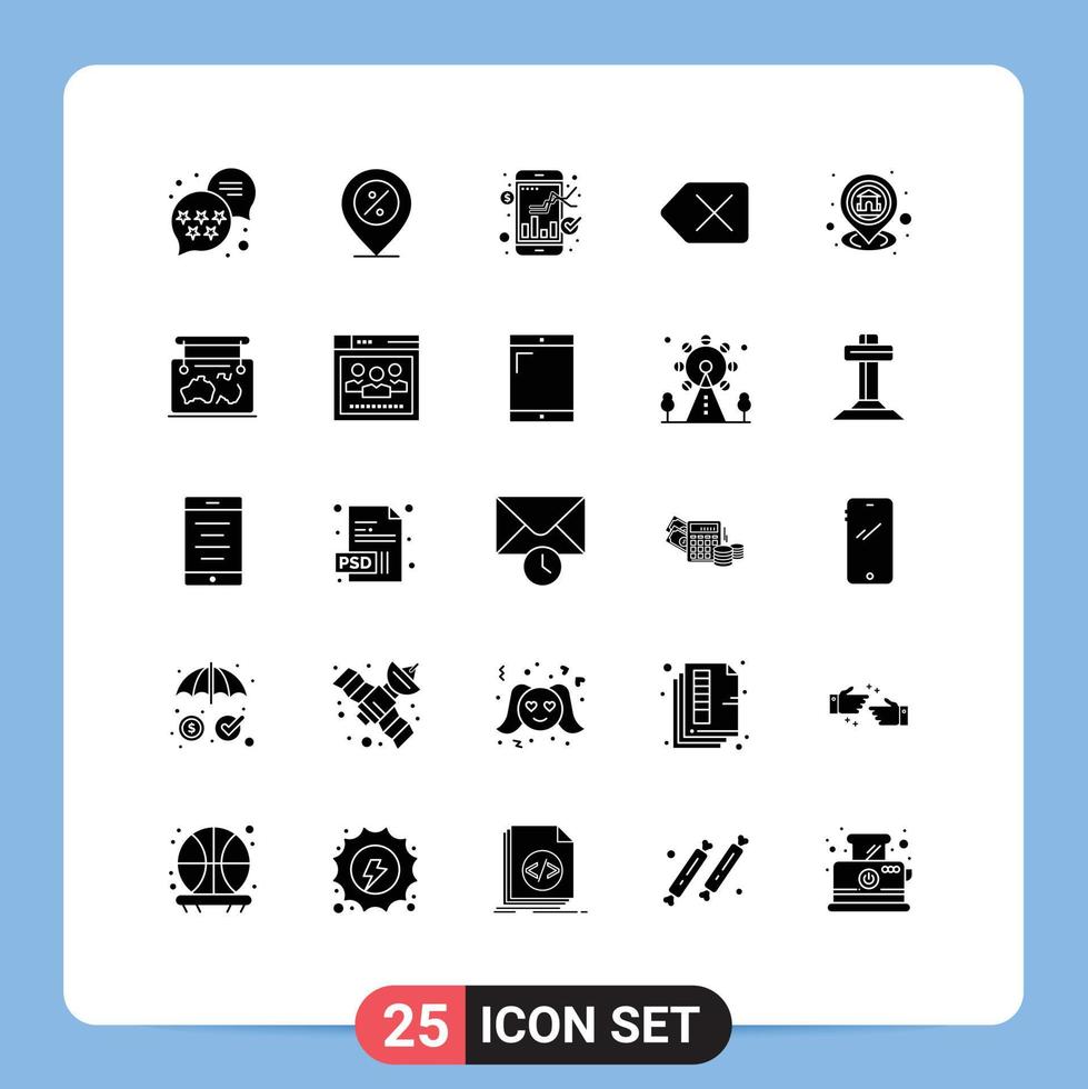 Modern Set of 25 Solid Glyphs Pictograph of location gps exchange delete backspace Editable Vector Design Elements