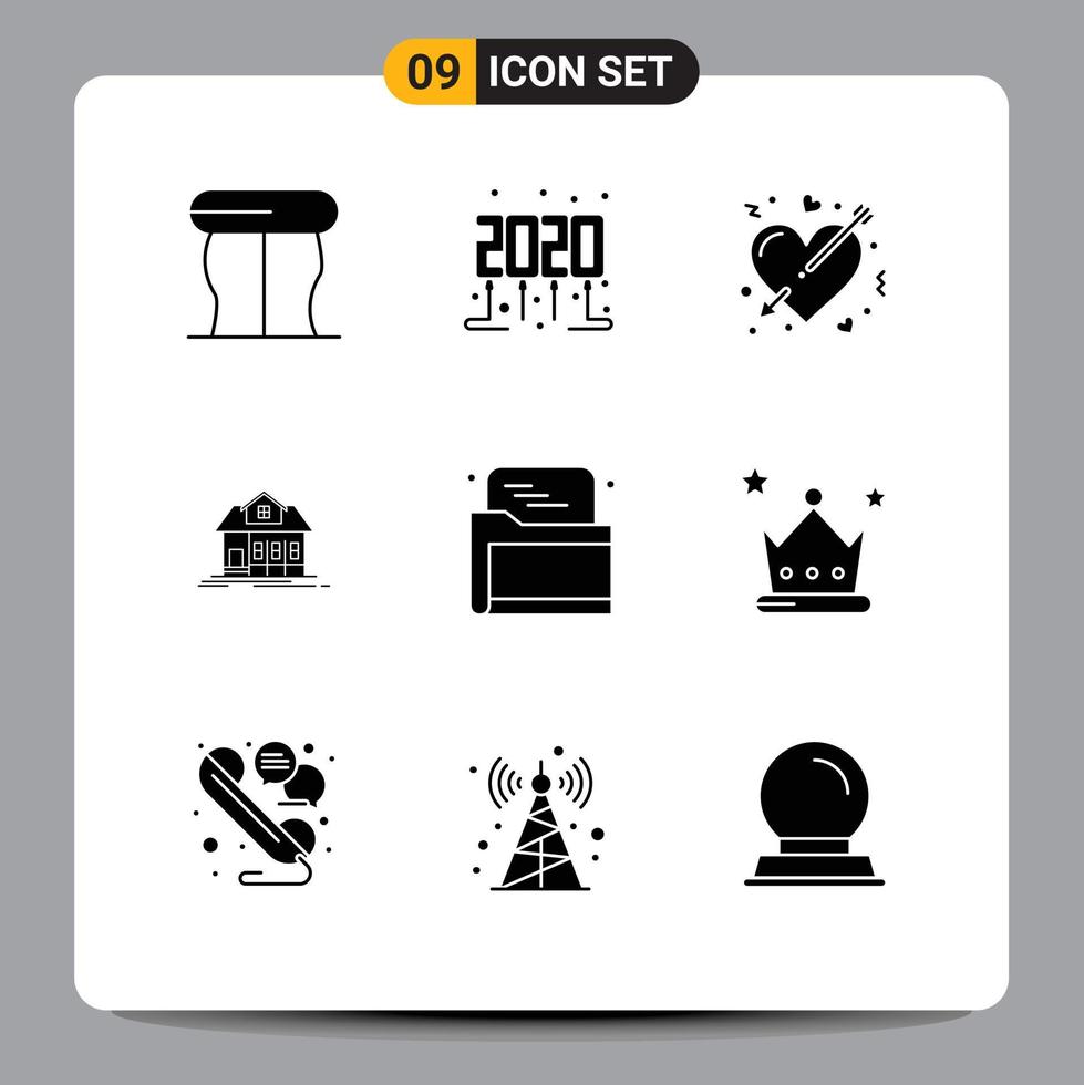 Universal Icon Symbols Group of 9 Modern Solid Glyphs of folder seo heart real estate house Editable Vector Design Elements