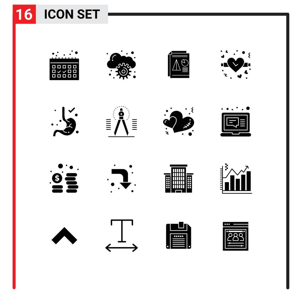 Mobile Interface Solid Glyph Set of 16 Pictograms of compass gastroenterology pie digestion valentine Editable Vector Design Elements