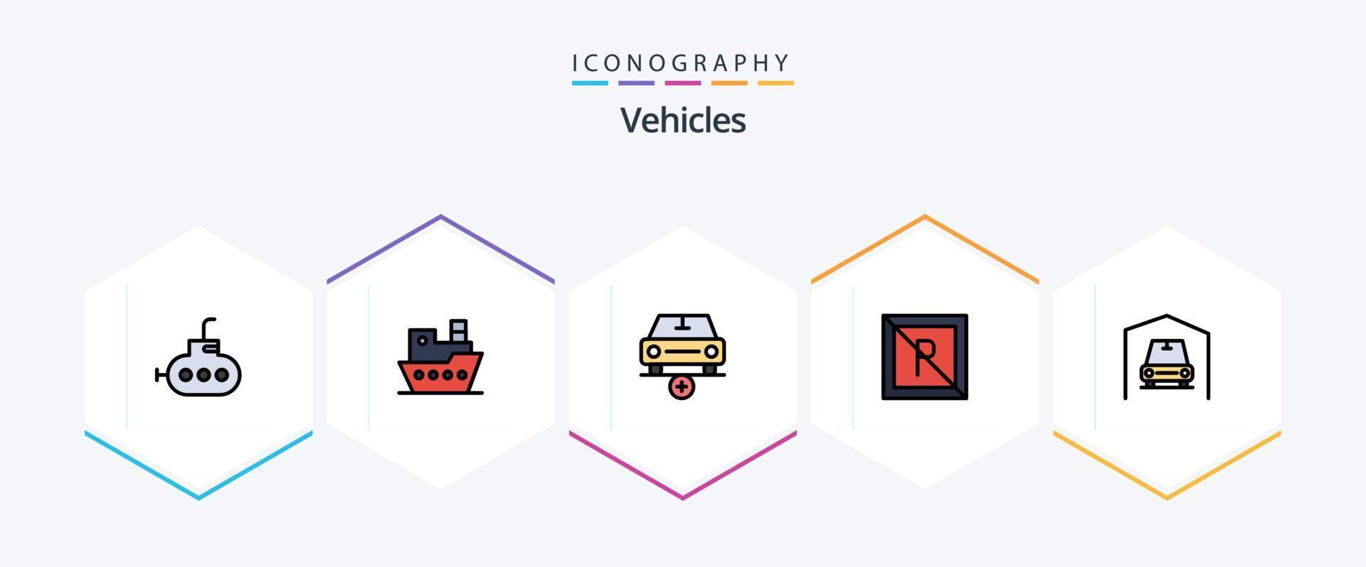 Vehicles 25 FilledLine icon pack including car. garage. more. not. park vector