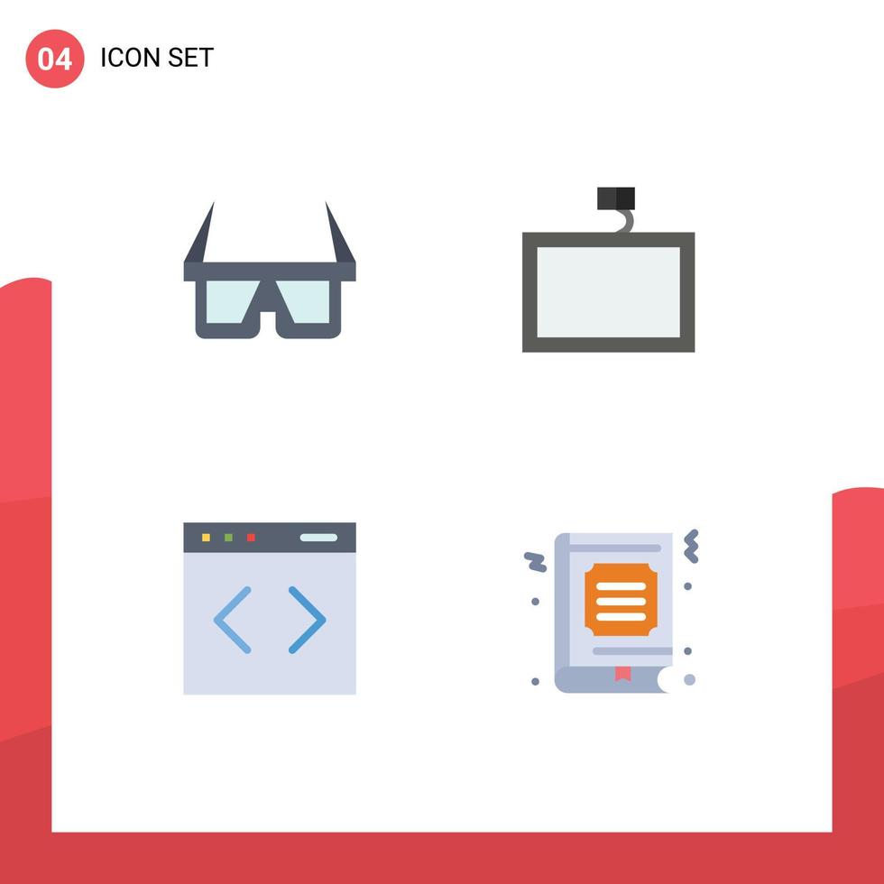 Editable Vector Line Pack of 4 Simple Flat Icons of glasses system stereo wall book Editable Vector Design Elements