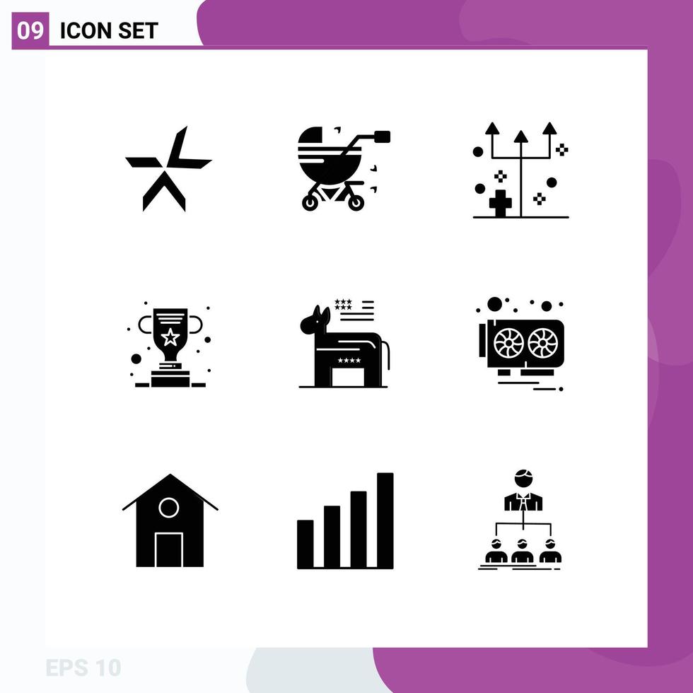 Modern Set of 9 Solid Glyphs Pictograph of donkey trophy eve cup trident Editable Vector Design Elements