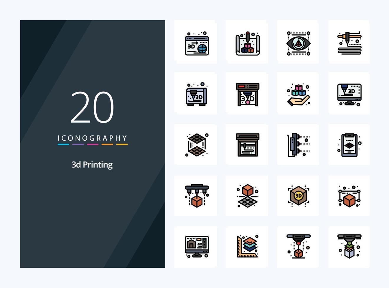 20 3d Printing line Filled icon for presentation vector