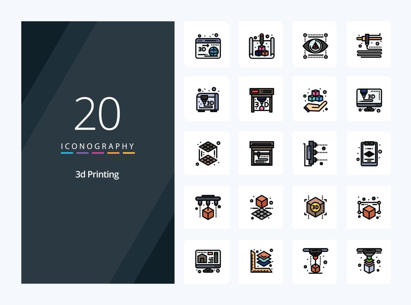 20 icono lleno de línea de impresión 3d para presentación vector